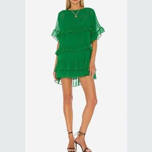 Lovers + Friends Mona Viridian Green Short-Sleeve Ruffle Sheer Minidress